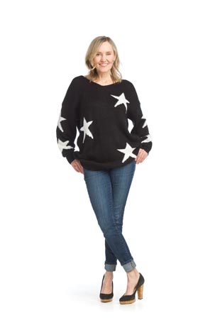 ST-15204 - Wool Blend Star Oversized Sweater  - Colors:  Black, Khaki - Available Sizes:S/M,L/XL - Catalog Page:18 